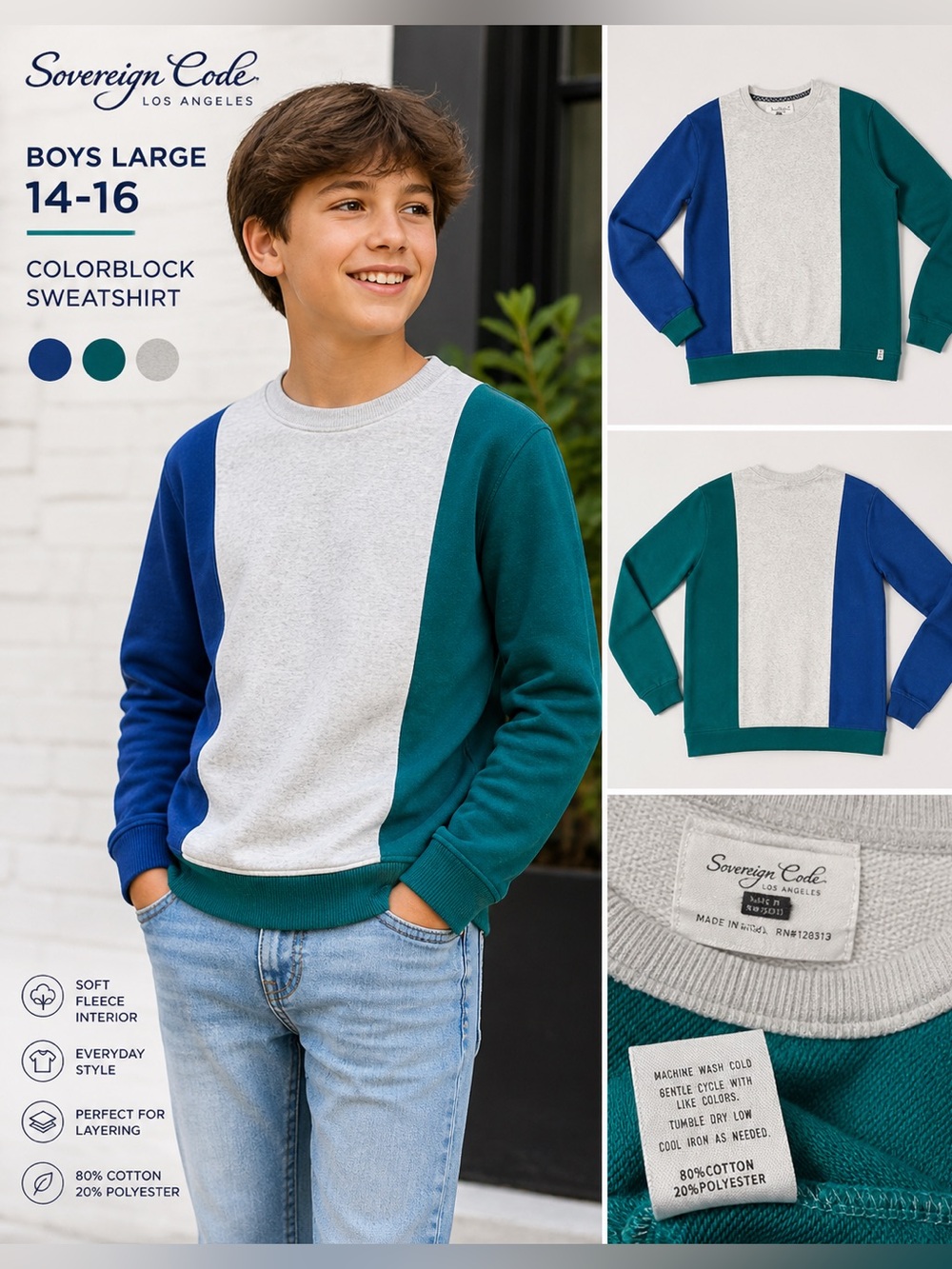 Sovereign Code Boys Large 14-16 Colorblock Sweatshirt Teal Gray Crewneck